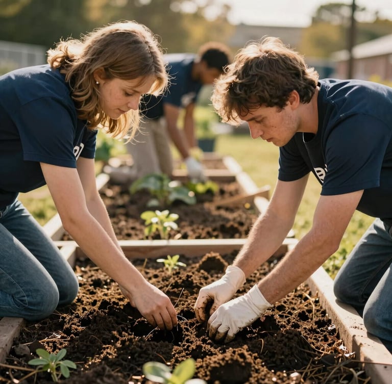A warm, natural light photograph of volunteers planting a community garden, rich navy and gold undertones, shallow depth of field, authentic candid action.