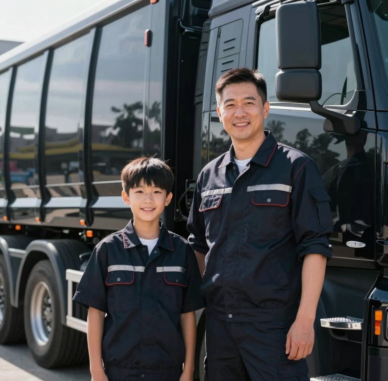 Medium portrait of a smiling father and son in clean dark work uniforms standing beside a glossy black hauling truck in bright daylight