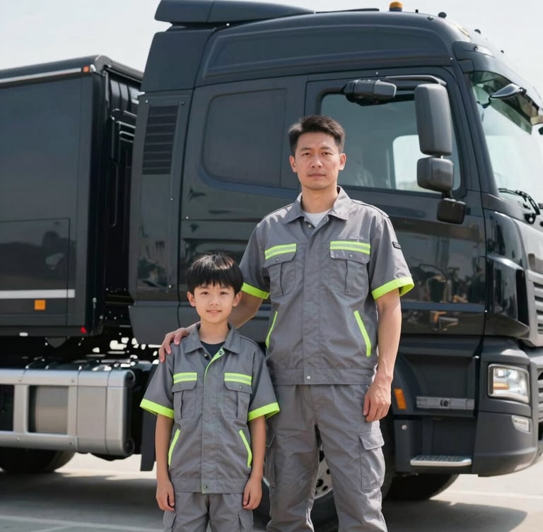 A crisp 35mm editorial portrait of a father and son standing proudly in front of their modern black hauling truck, wearing matching grey uniforms with neon green accents, bright natural daylight, high-contrast clean tones.
