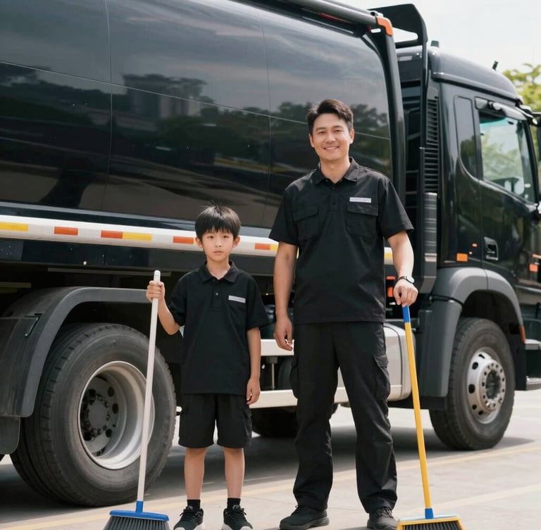 Medium portrait of a smiling father and son in clean black branded uniforms standing next to a spotless black hauling truck, holding brooms, bright natural daylight