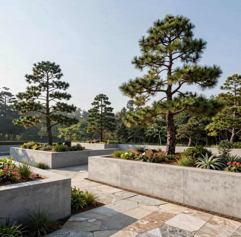 Architectural landscape design with clean concrete retaining walls, mature specimen pine trees, and stone pathways in crisp morning light, wide-angle editorial photography