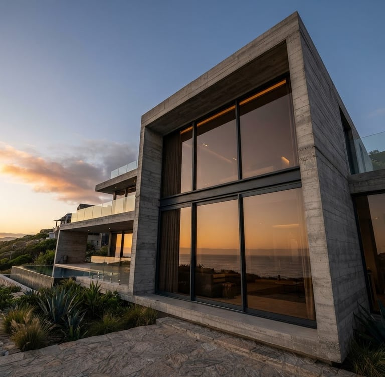 Low-angle architectural photograph of a luxury concrete villa at golden hour, featuring massive floor-to-ceiling glass sliding doors reflecting warm sunset light, sharp metallic profile lines, crisp focus