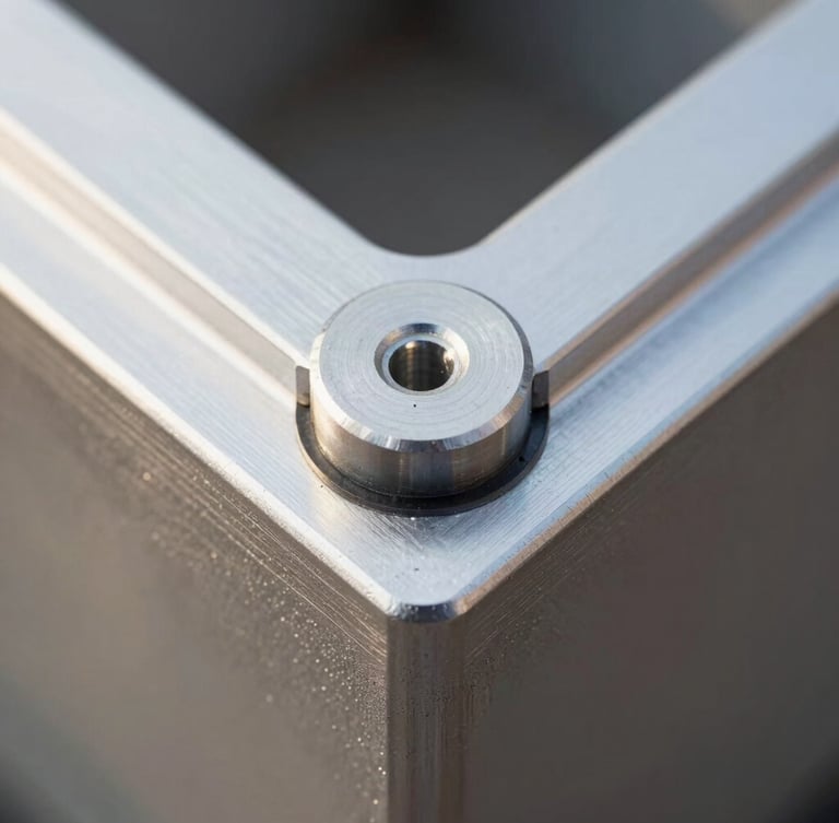 Macro close-up photograph of a precision-engineered aluminium corner joint and gasket system, clean bright high-contrast daylight, technical architectural detail.