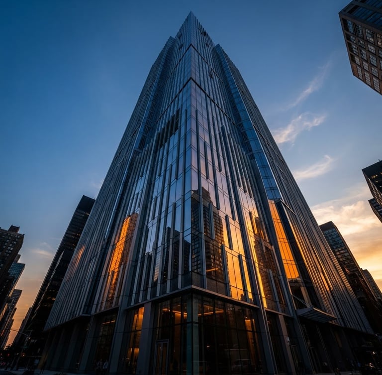 Low-angle heroic architectural photograph of a modern high-rise tower facade with structural glazing reflecting dramatic golden-hour light, sharp focus, cool metallic tones.