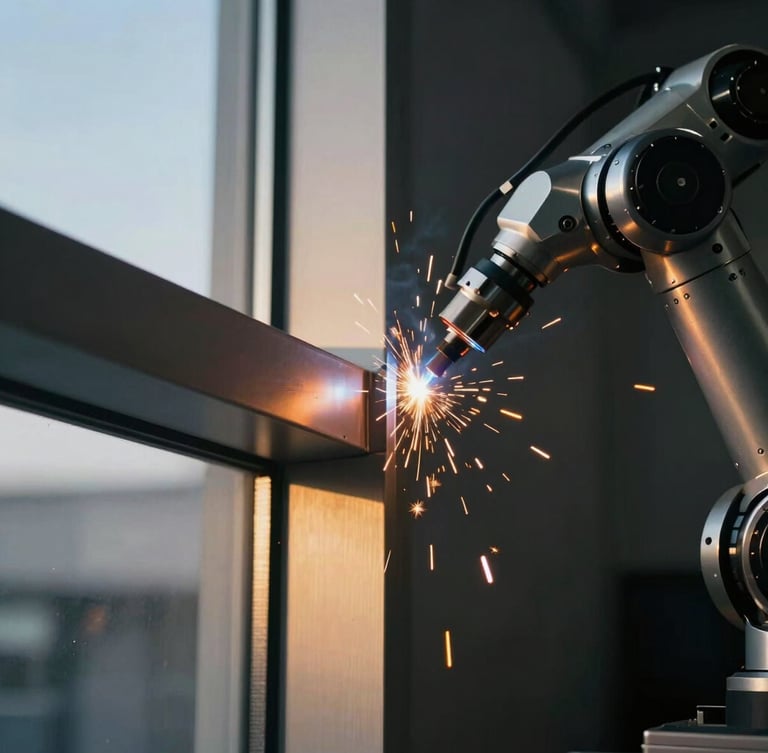 Macro close-up of a robotic welding arm fusing a dark metallic window corner joint, sparks flying, high-contrast cool metallic tones, sharp focus architectural photography