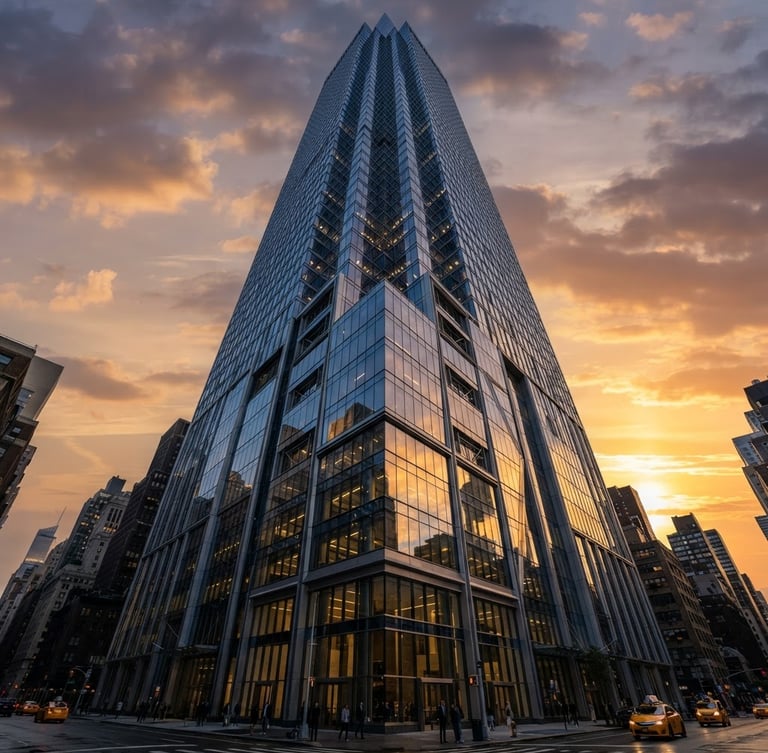 Low-angle heroic shot of a completed high-rise commercial facade with dramatic golden-hour reflections on glass surfaces, cool metallic tones, sharp focus.