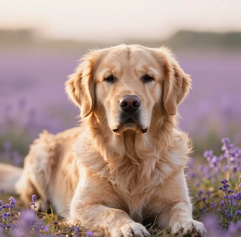 Warm editorial portrait of a peaceful golden retriever resting in a sunlit meadow during golden hour, soft focus, ethereal light, lavender tones.