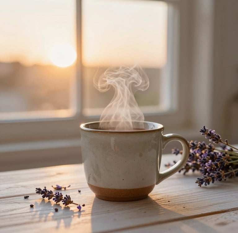 Primer plano de una taza de gres rústico humeante con cacao sagrado, pétalos de lavanda esparcidos sobre una mesa de madera clara, luz suave de atardecer filtrándose por la ventana, atmósfera de paz y recogimiento, fotografía editorial cálida.