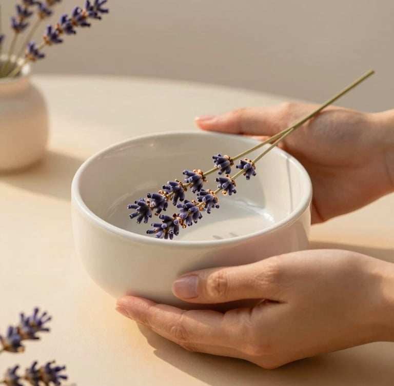 Close-up of hands gently holding a small ceramic pet bowl and dried lavender stems, soft warm lighting, editorial composition