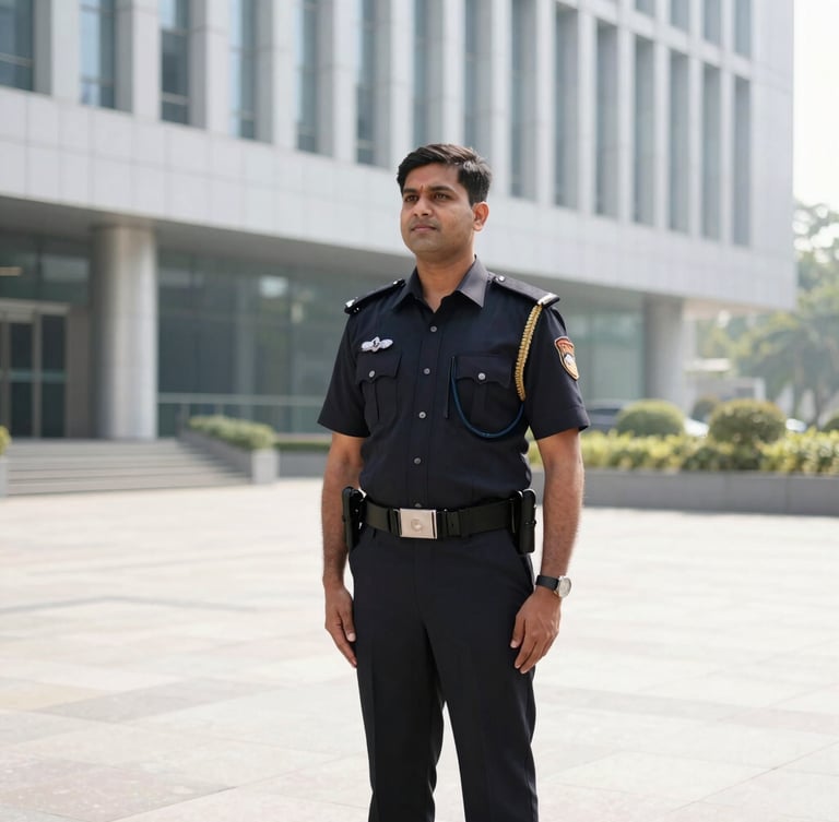 A professional security guard in a crisp dark uniform standing at attention outside a modern corporate building in New Delhi, bright daylight.