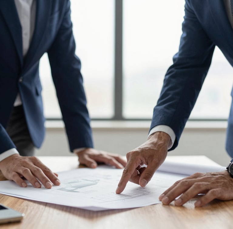 Hands of executives collaborating over a blueprint on a wooden table, soft natural window light, deep blue and copper tones, shallow depth of field, 35mm