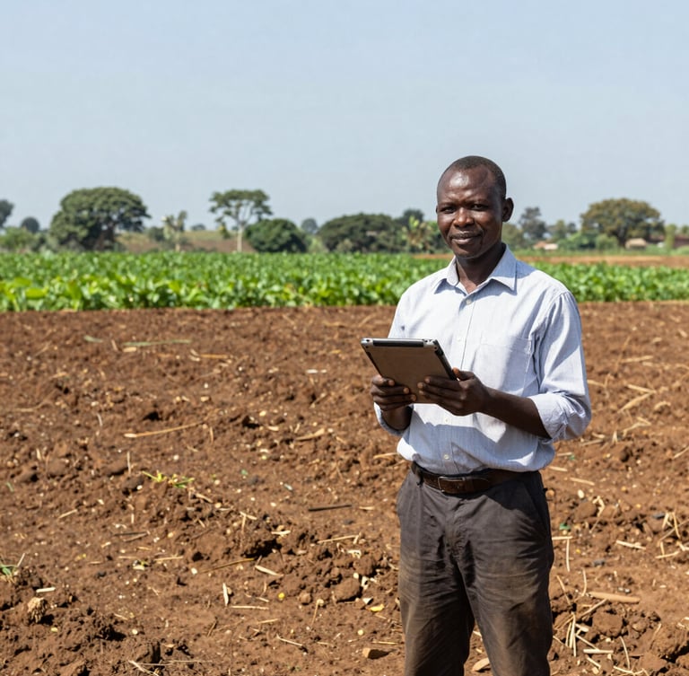 Wide environmental portrait of a Ugandan agricultural engineer in a field, holding a rugged tablet, bright equatorial daylight, deep greens and rich soils, 35mm lens, sharp focus