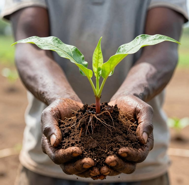 Close-up of dark, rich Ugandan soil being held by a local farmer, showing healthy crop root structures, bright natural daylight, 35mm lens