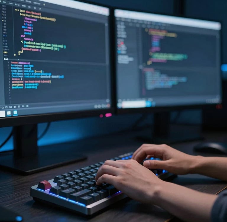 hands typing on a mechanical keyboard in front of dual monitors showing clean code, cool-toned studio lighting, shallow depth of field