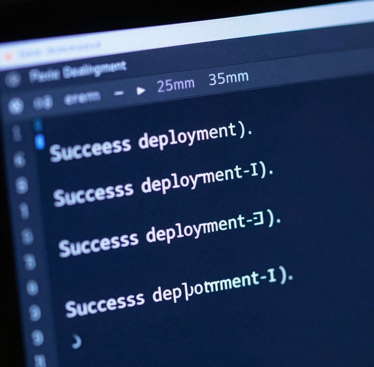 Macro shot of a clean code terminal displaying a successful deployment log, cool screen glow, deep blue tones, shallow depth of field