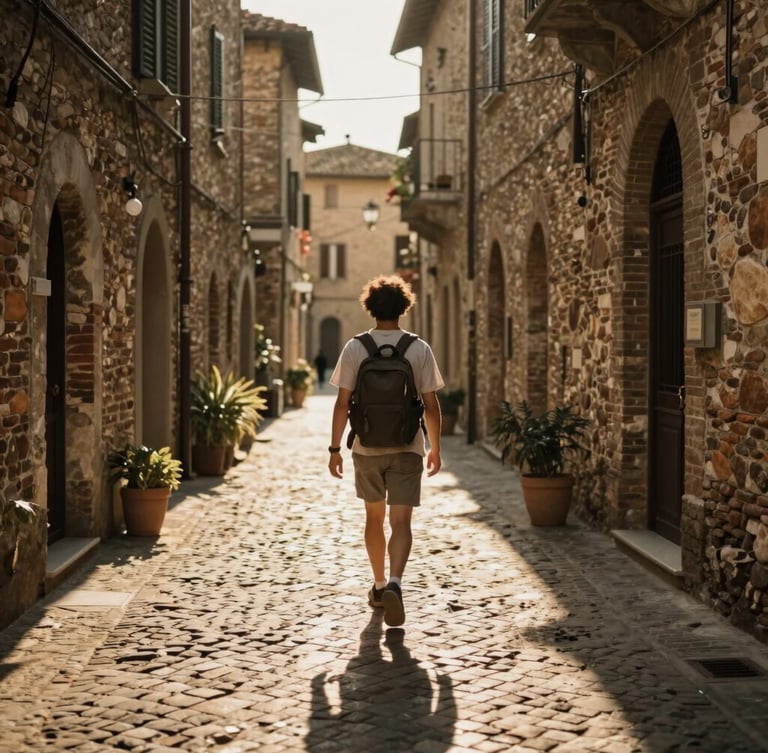 Candid environmental shot of a traveler walking through a narrow cobblestone alleyway in a historic Italian village, soft golden daylight casting long shadows, warm editorial travel photography style.