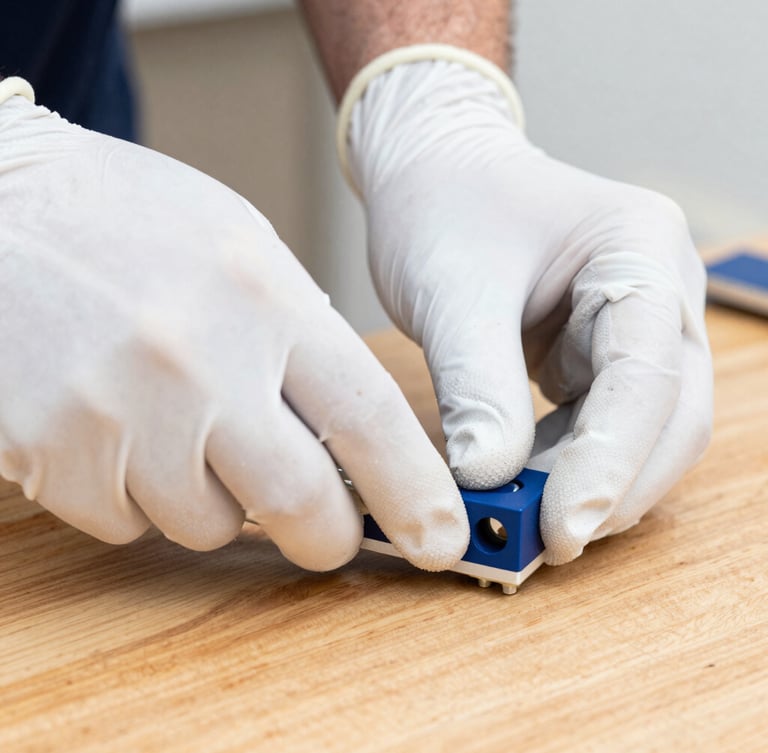 Close-up of a craftsman's hands in clean gloves performing a precise installation of a high-end fixture on a polished wooden surface, bright natural daylight, crisp white and deep blue tones, sharp focus, 35mm lens, image bleeding to the right edge.