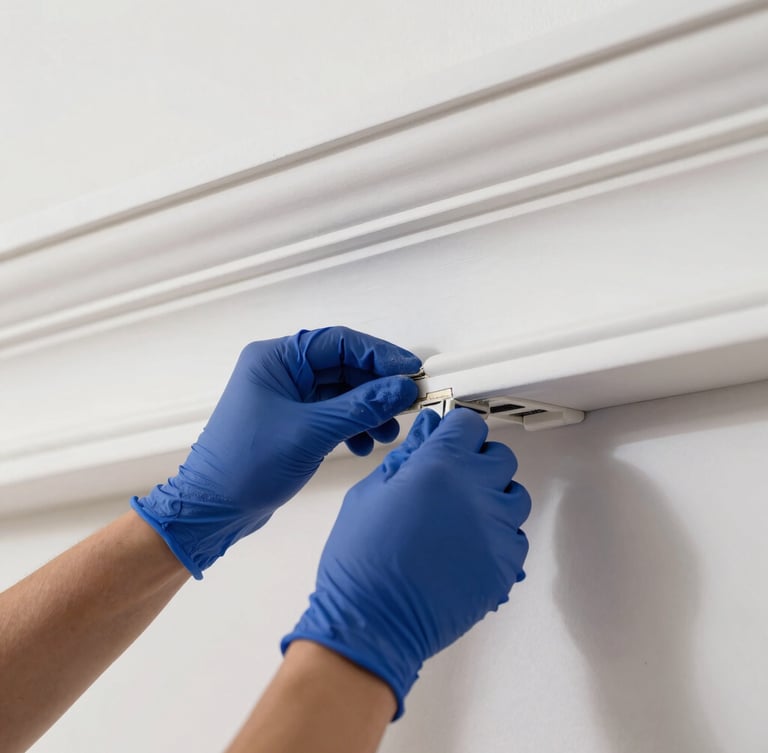 Close-up detail shot of hands in clean gloves performing a precise installation of a high-end architectural trim inside a luxury home. Bright natural daylight, soft shadows, crisp focus on the craftsmanship, 35mm lens.