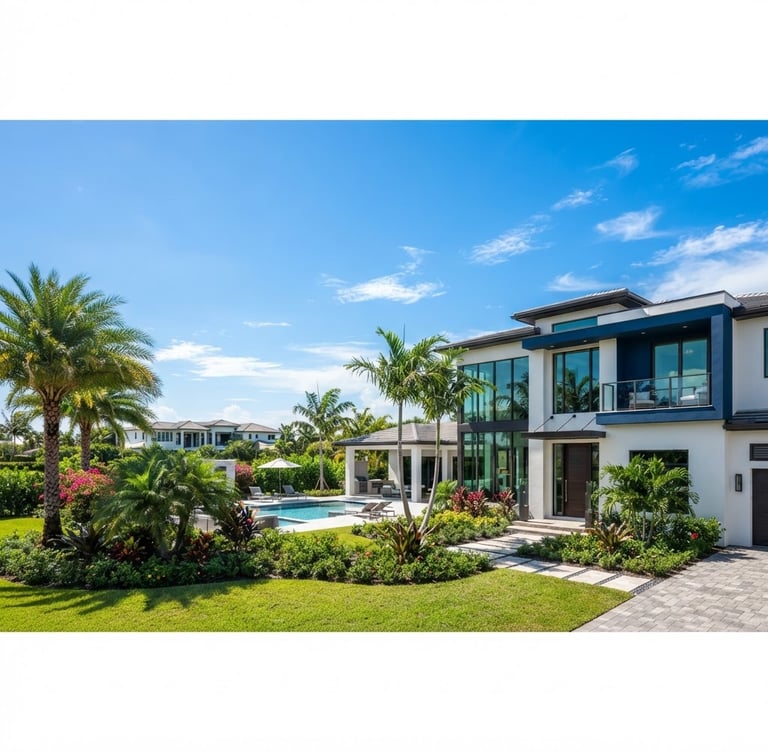 Wide panoramic shot of a pristine, modern luxury home exterior in Boynton Beach, Florida, under bright natural daylight. The architecture features clean white walls and deep blue accents. The image is sharply focused, taken with a 35mm lens, showing an expansive sky and a low horizon, with the house occupying the right third of the frame, bleeding to the edge.