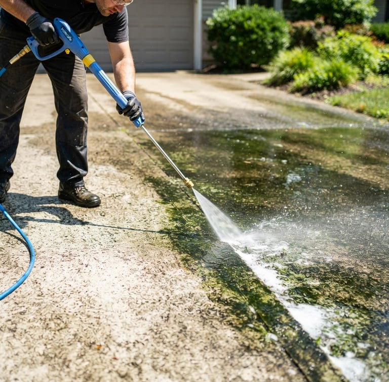 Dynamic low-angle action shot of a pressure washing wand cutting a clean line through heavy green mold on a concrete driveway, bright direct midday sunlight, saturated blues and clean whites, sharp detail, 35mm lens.