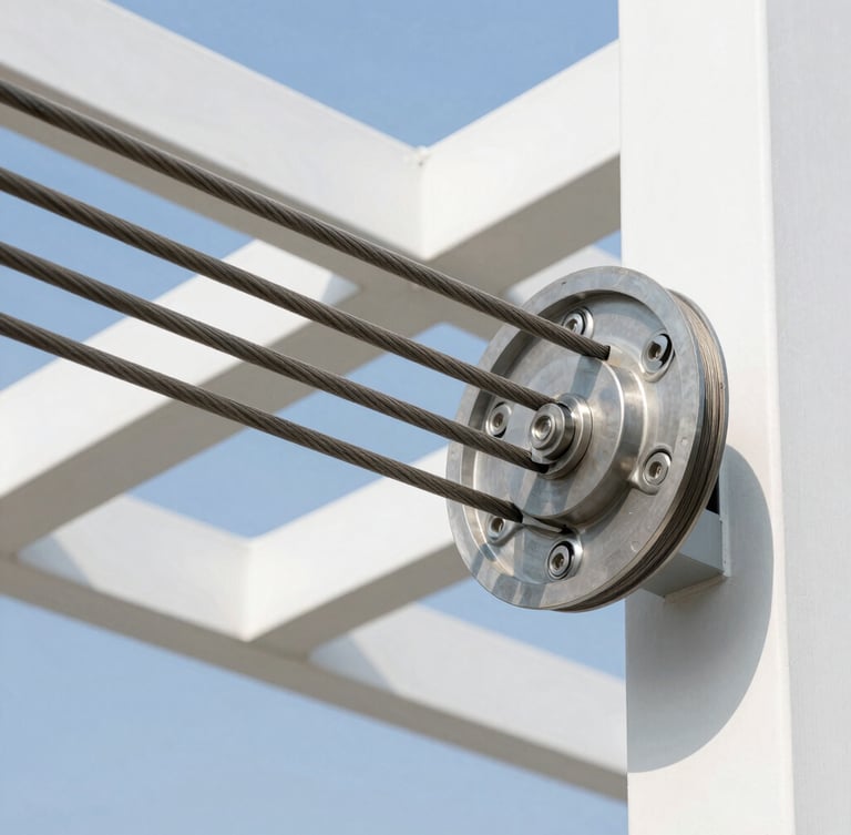 Close-up of clean, heavy-duty steel elevator cables and sheaves under bright natural light, sharp architectural focus, engineering precision