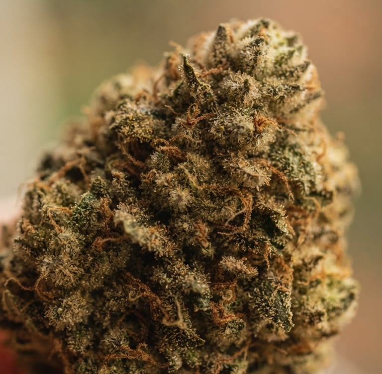 Extreme macro shot of slow-cured cannabis flower, rich olive and sand tones, soft natural daylight, shallow depth of field, 35mm