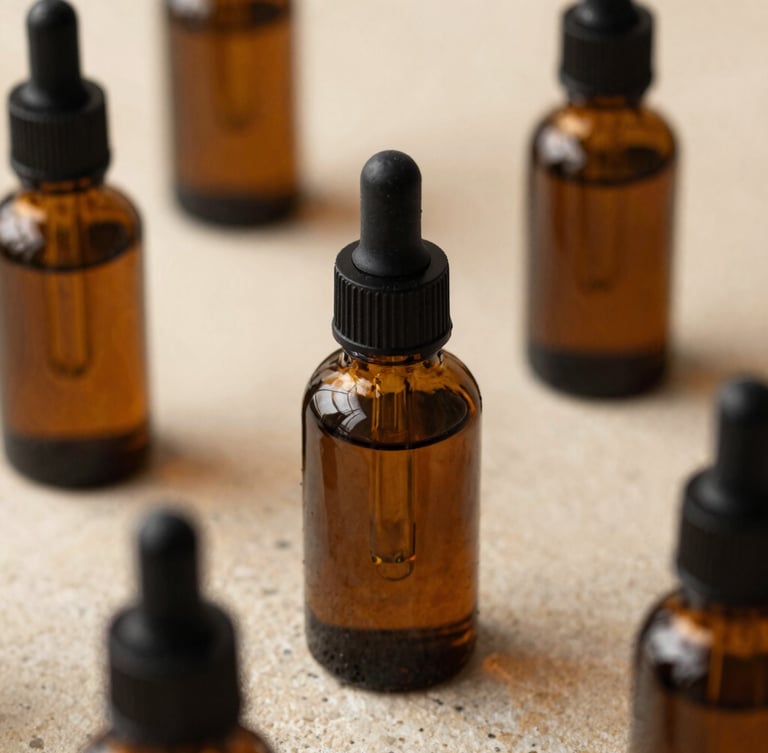 Extreme close-up of elegant amber glass dropper bottles resting on textured stone, soft diffused daylight, rich olive and sand tones, shallow depth of field.