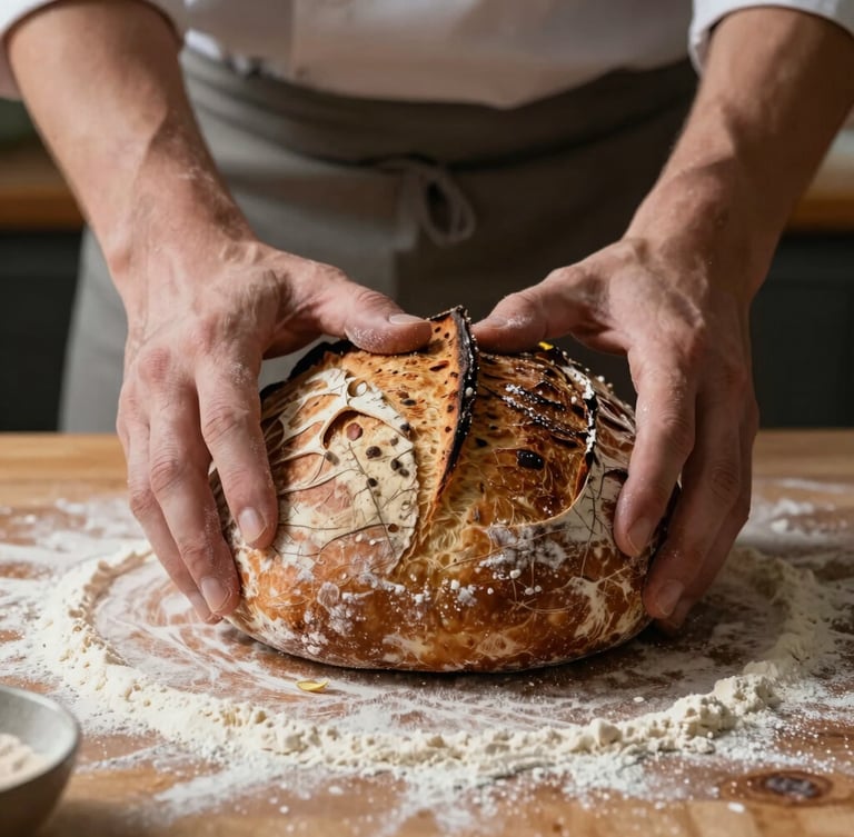 Close-up shot of a chef's hands shaping a sourdough loaf on a flour-dusted wooden table, soft side-lighting, rich organic textures.