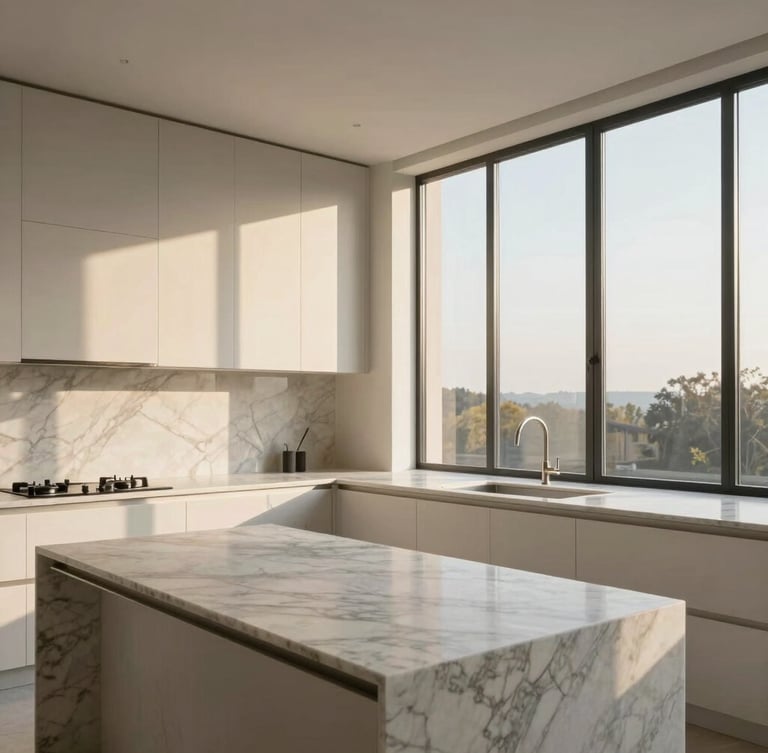 Architectural wide-angle shot of a minimalist luxury kitchen with Calacatta marble countertops, warm natural daylight streaming through tall steel-framed windows, soft golden hour glow, pristine surfaces, zero clutter.