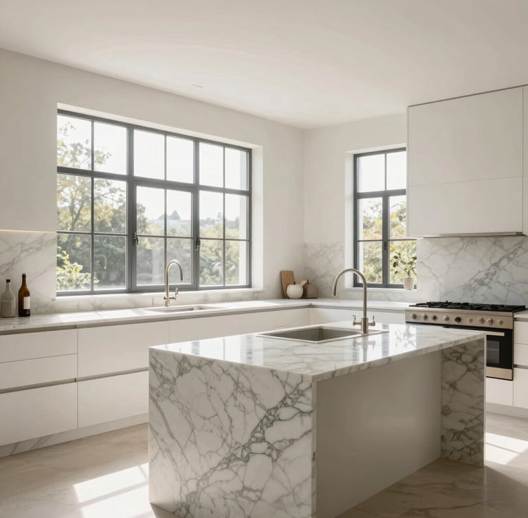 Wide angle architectural shot of a bright, minimalist luxury kitchen with Calacatta marble countertops, warm natural light streaming through large steel-framed windows, pristine and immaculate.