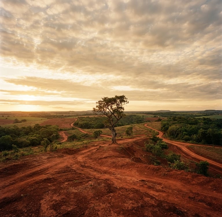 Cinematic wide shot of the Paraguayan red earth landscape at golden hour, low horizon, sweeping sky, warm natural light, medium format film.