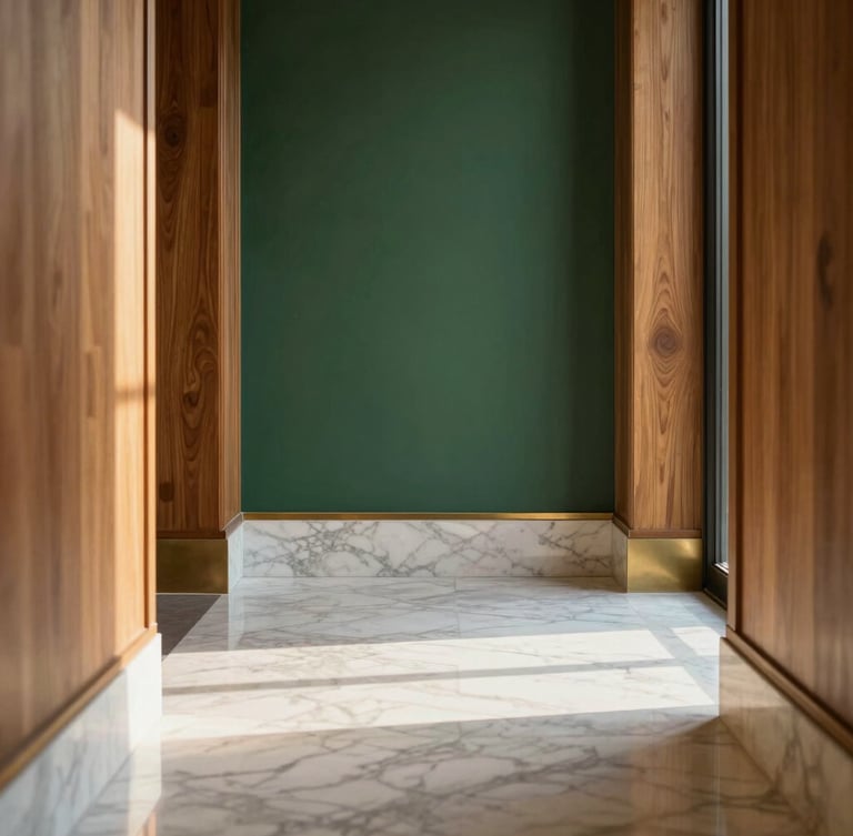 Symmetrical close-up of premium architectural finishes, polished white marble flooring meeting warm walnut wood paneling, subtle brass trim, soft natural window light