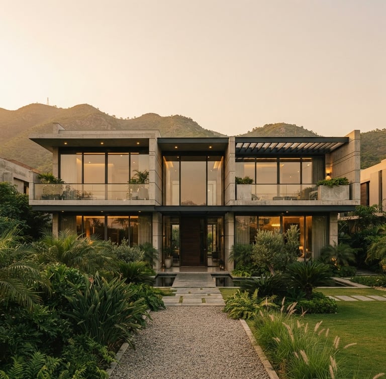 Symmetrical minimalist modern villa exterior in Islamabad, concrete and glass facade, soft golden hour sunlight, warm editorial photography