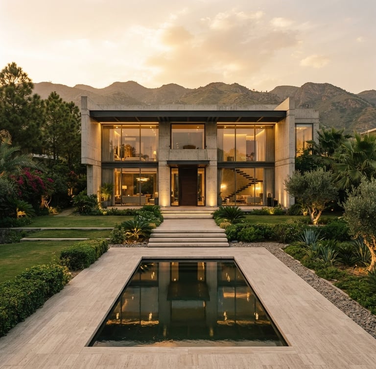 Symmetrical wide-angle shot of a modern minimalist concrete and glass villa in Islamabad at golden hour, warm architectural lighting, 35mm editorial style.