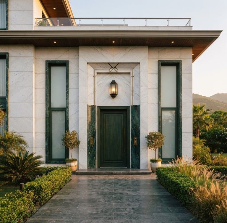 Symmetrical architectural detail of a modern luxury villa facade in Islamabad, warm golden-hour light hitting premium white marble and dark green accents, 35mm editorial photography