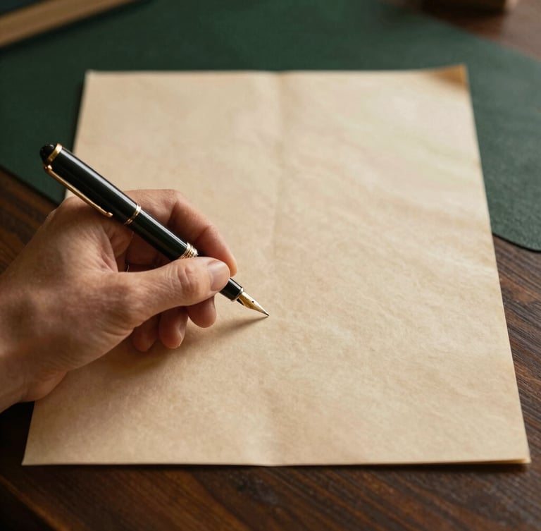 Close-up detail of a hand holding a fountain pen over premium parchment document on a dark wood desk, warm side light, elegant and trustworthy
