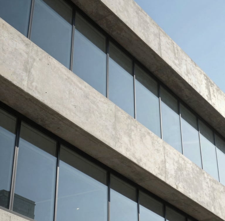 Macro detail of high-quality architectural concrete and glass facade under bright midday sun, clean lines