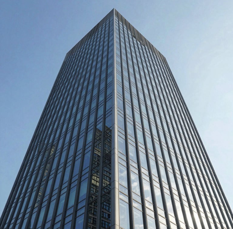 Low-angle architectural perspective of a modern glass skyscraper reflecting a bright blue sky, crisp morning sunlight, clean geometric lines.