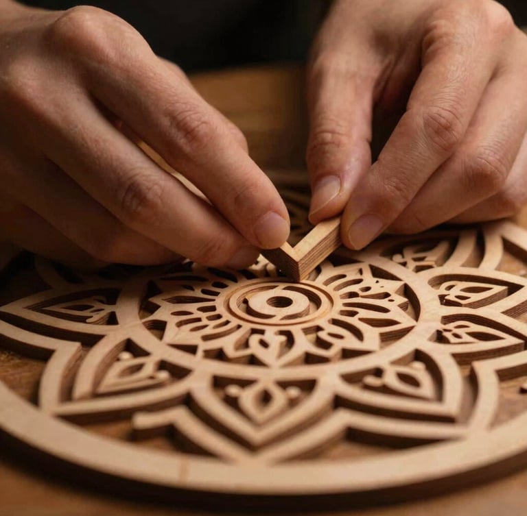 Close-up of human hands meticulously sanding the edge of a multi-layered birch wood laser-cut mandala, warm ambient light, shallow depth of field, high contrast.