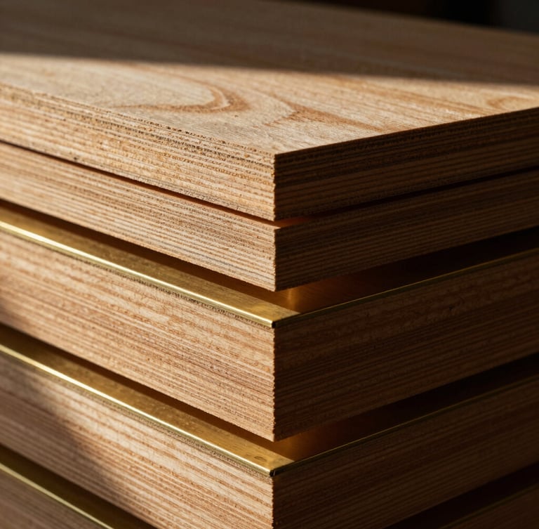 Close-up of stacked premium birch plywood and polished brass sheets, emphasizing texture and quality, dramatic side-lit natural daylight.