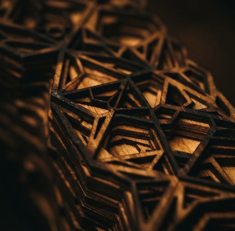 Macro shot of multi-layered laser-cut birch plywood edge, intricate geometric pattern, warm amber light, deep shadows, shallow depth of field.