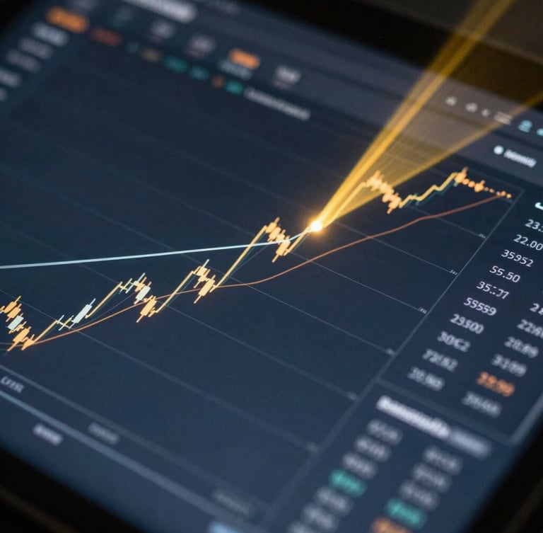 Macro shot of a high-end dark mode analytics interface showing complex financial lines and growth charts, cool-toned ambient light with a single warm yellow laser projection highlighting a peak vector line, clean technical grid lines