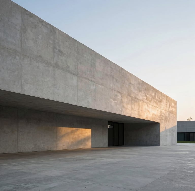 Ultra-wide architectural shot of a modern minimalist concrete building with clean linear shadows and subtle warm yellow lighting reflections, negative space on right