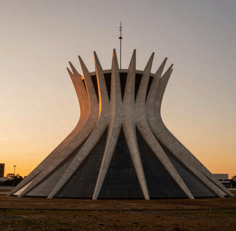 Ultra-wide architectural shot of modern institutional concrete building in Brasília, sharp geometric lines, dramatic sunset casting warm orange light, high-contrast shadows.