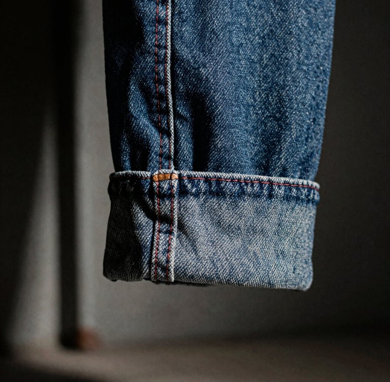 Extreme macro close-up of heavy 12oz raw selvedge denim edge, red stitch line visible, hard directional studio light, deep shadows, desaturated industrial background