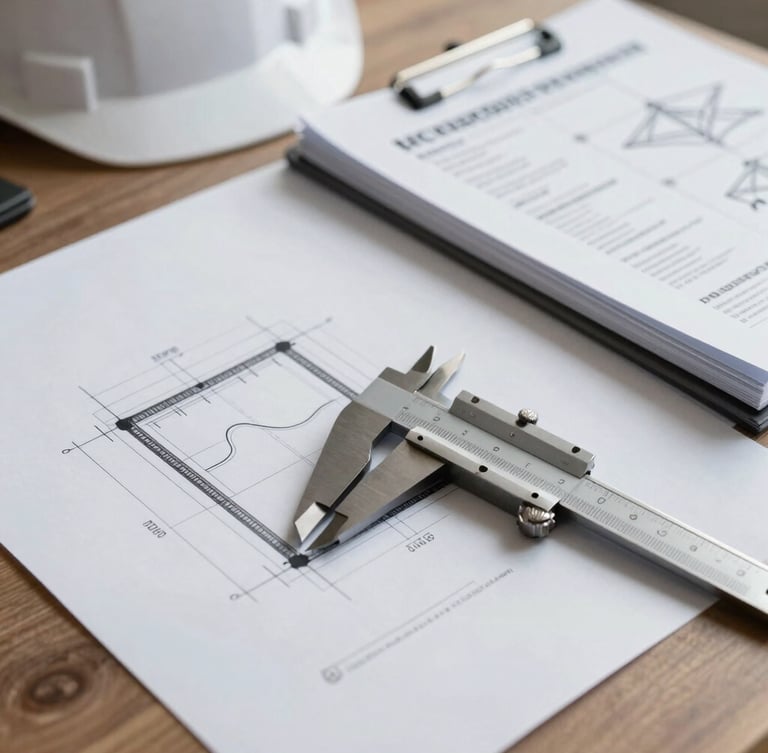 Close-up shot of a structural engineer's desk, featuring a crisp black-and-white working drawing of a foundation layout, a professional steel caliper, and a neatly bound technical report, bright neutral lighting.