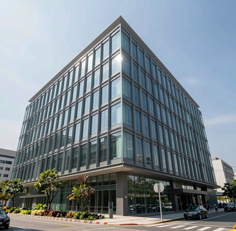 Elevasi arsitektural sudut lebar dari gedung perkantoran kaca modern dengan garis geometris bersih di bawah cahaya siang hari yang terang.
