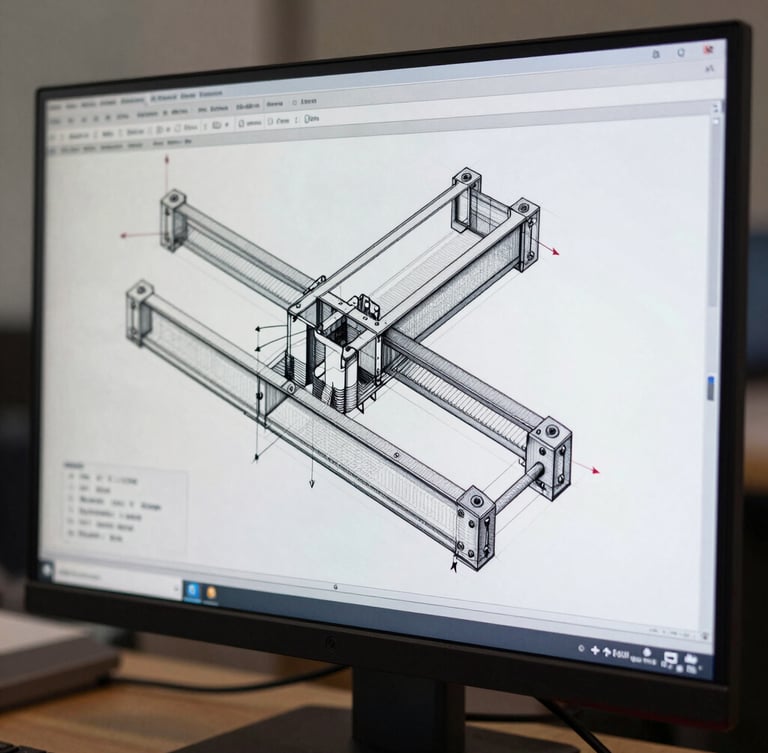 A close-up of a high-resolution CAD drawing on a professional monitor, displaying complex structural calculations and steel joint details, clean studio lighting