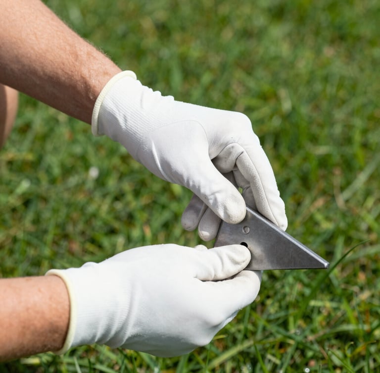 Close-up of hands gripping a wedge with technical precision, clean white glove, deep green grass background, shallow depth of field, 35mm