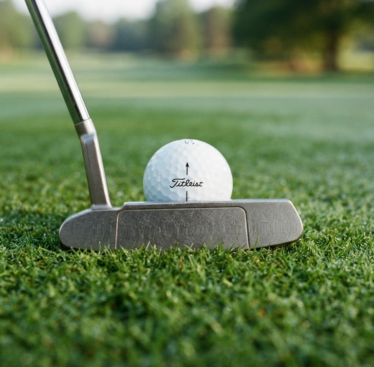 Tight macro shot of a clean steel putter face aligning perfectly with a golf ball on a crisp morning green, shallow depth of field, 35mm